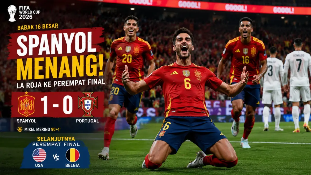 Pemain Spanyol Mikel Merino merayakan gol kemenangan atas Portugal pada pertandingan Selasa (7/7/2026) 02.00 WIB. La Roja memastikan tiket ke perempat final dan menunggu pemenang laga USA melawan Belgia. (ilustrasi AI)