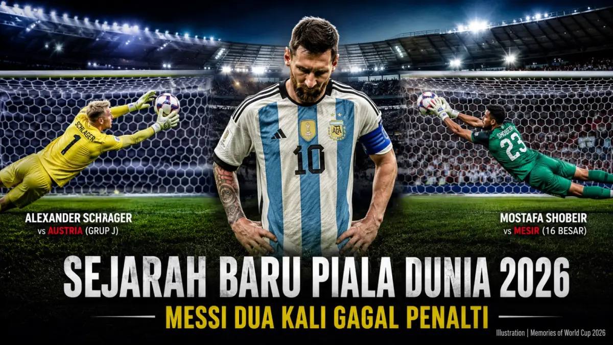Lionel Messi mencatat rekor negatif di Piala Dunia 2026 setelah dua kali gagal mengeksekusi penalti dalam satu edisi turnamen dunia. (ilustrasi AI)