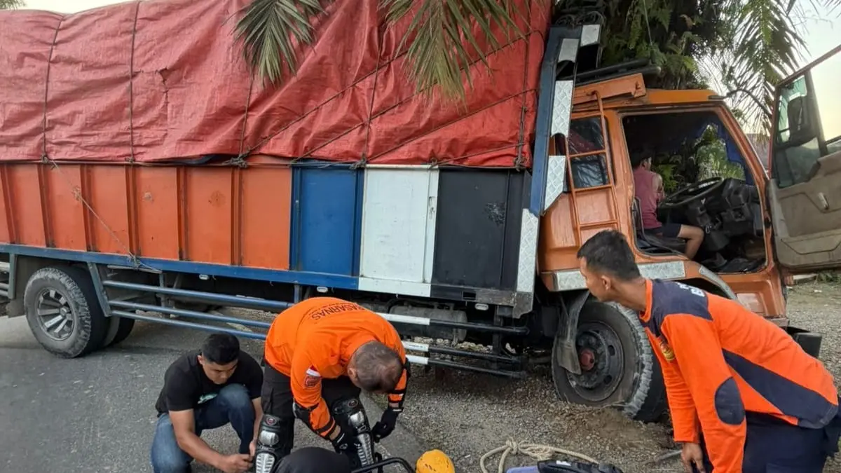 Petugas SAR mengevakuasi truk bermuatan karet yang menabrak pohon sawit di Jalan Raya Simpang 4 Aia Gadang, Kecamatan Pasaman, Kabupaten Pasaman Barat, Rabu (8/7/2026). (Foto: Kantor SAR Kelas A Padang)