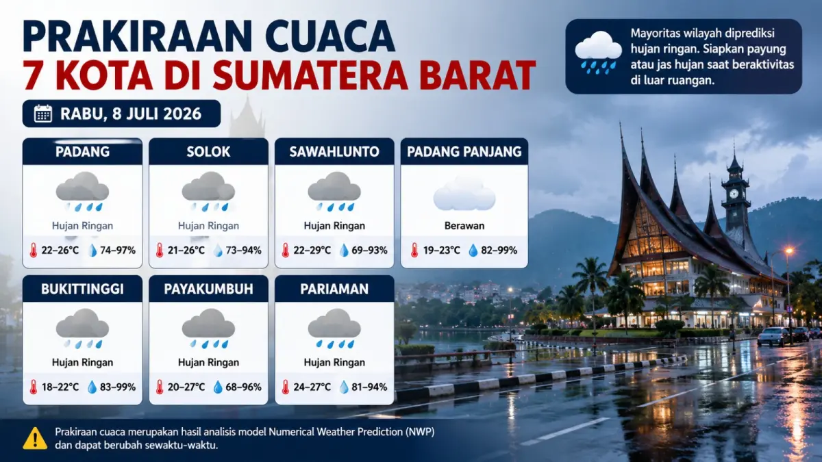 Prakiraan cuaca tujuh kota di Sumatera Barat pada Rabu, 8 Juli 2026, didominasi hujan ringan. Sementara itu, Kota Padangpanjang diprediksi mengalami cuaca berawan.