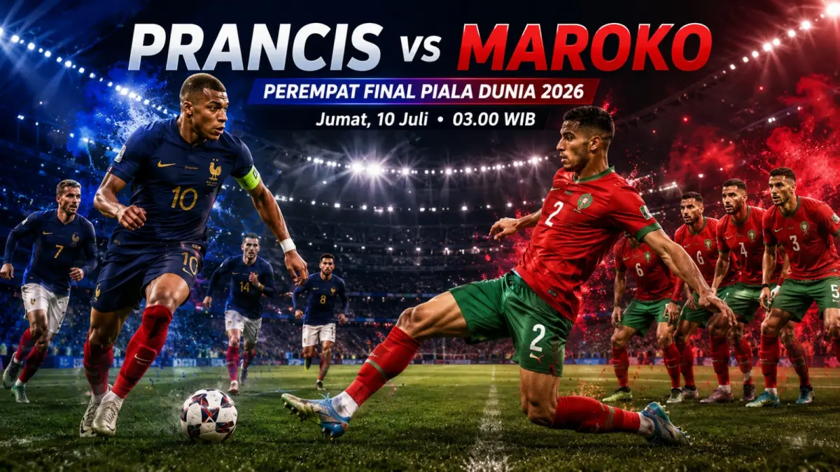Prancis menghadapi Maroko pada perempat final Piala Dunia 2026, Jumat (10/7/2026) pukul 03.00 WIB. Les Bleus lebih diunggulkan, tetapi Atlas Lions datang dengan organisasi pertahanan yang menjadi salah satu yang terbaik di turnamen ini.