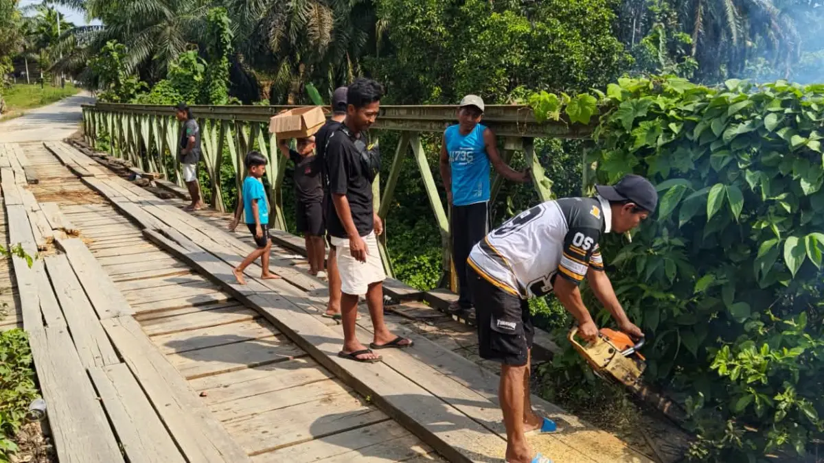 Pemerintah Kabupaten Dharmasraya bergerak cepat memperbaiki Jembatan Mamora yang berada di SP 8 Nagari Ranah Palabi, Kecamatan Timpeh. (DOKUMENTASI PEMKAB DHARMASRAYA)