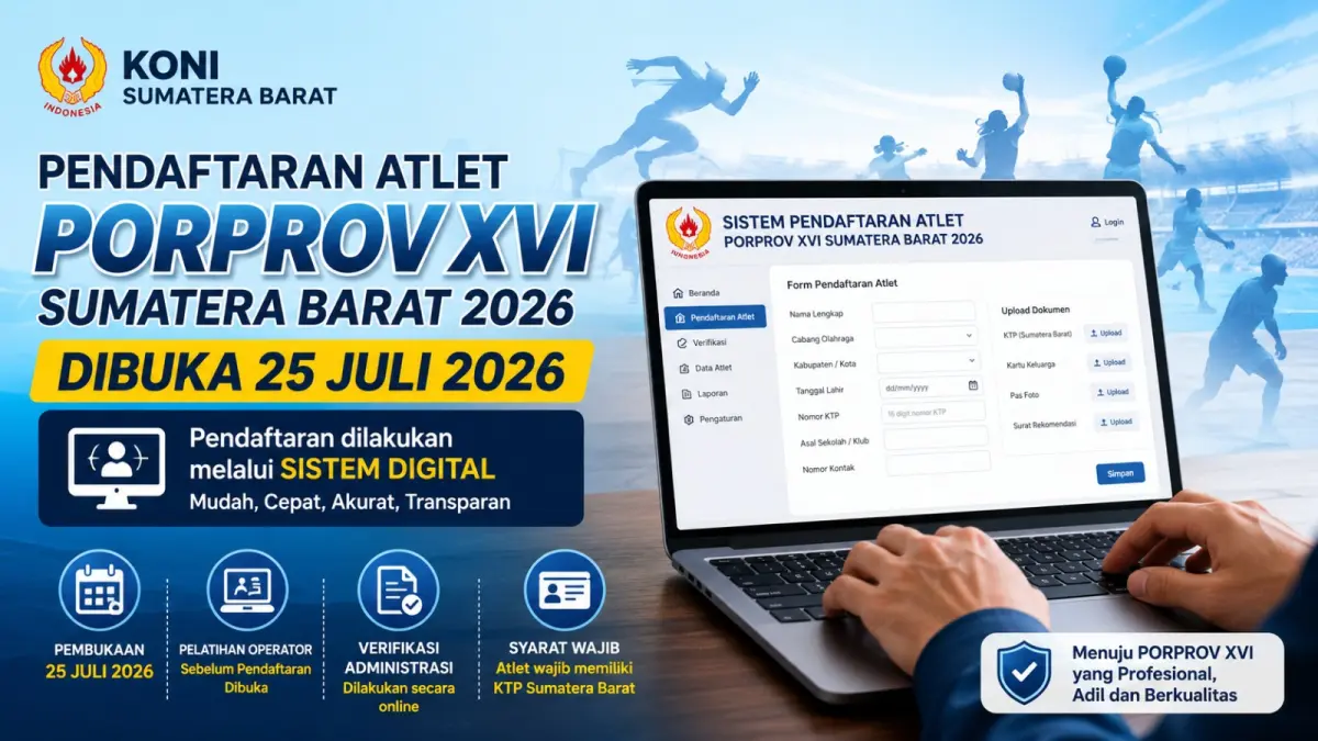 Rapat Koordinasi Technical Delegate Porprov XVI Sumbar 2026 di UNP juga membahas persiapan pendaftaran atlet secara digital yang dimulai pada 25 Juli. (ilustrasi AI)