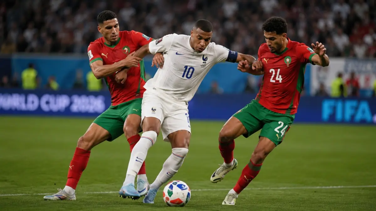 Kylian Mbappé mendapat kawalan ketat pemain Maroko pada laga perempat final Piala Dunia 2026 di Boston Stadium, Jumat (10/7/2026) WIB. (ilustrasi AI)