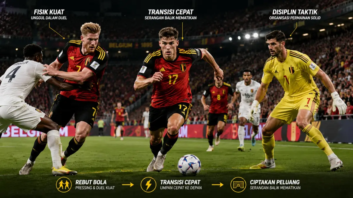 Pemain Timnas Belgia yg mengandalkan kekuatan fisik, kedisiplinan taktik, dan transisi cepat untuk menciptakan peluang saat menghadapi lawan. (ilustrasi AI)