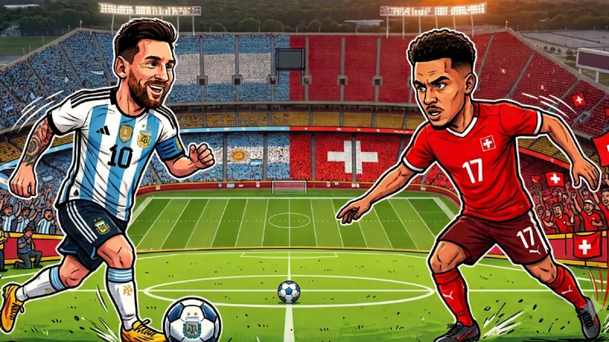 Lionel Messi bakal berduel dengan Ruben Vargas pada laga Argentina vs Swiss di perempat final Piala Dunia 2026.(Foto ilustrasi AI)