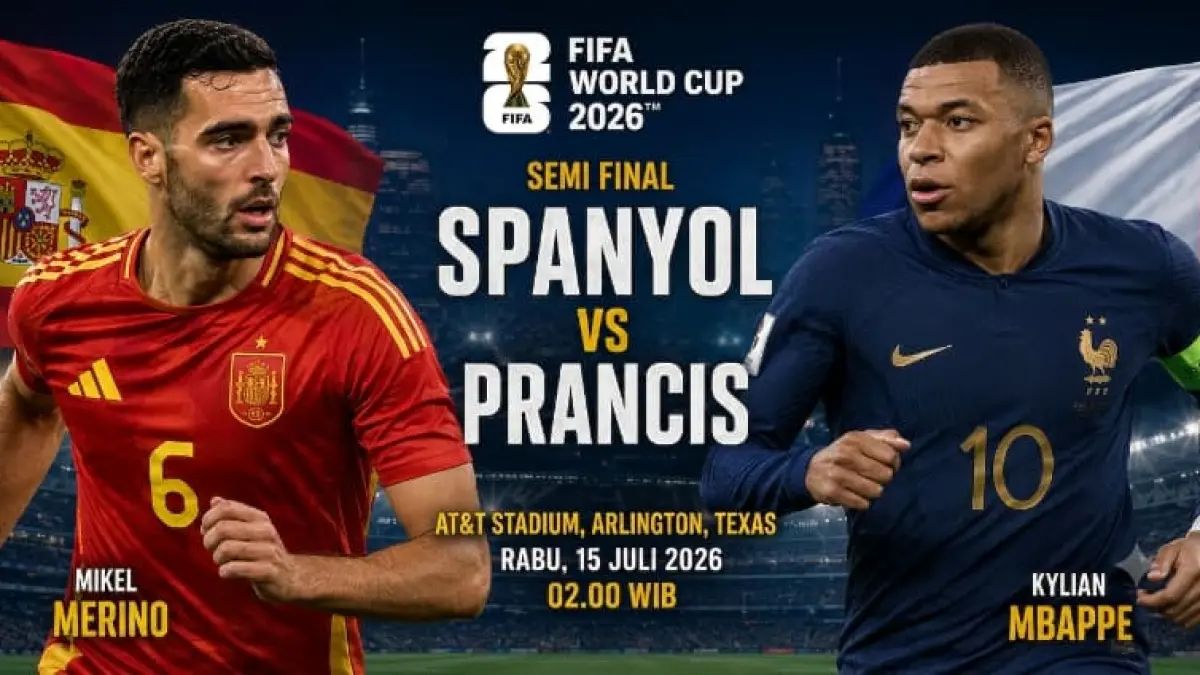 Mikel Merino dan Kylian Mbappe bakal berhadapan saat Spanyol menghadapi Prancis, di Semifinal Piala Dunia 2026. (Foto ilustrasi AI)