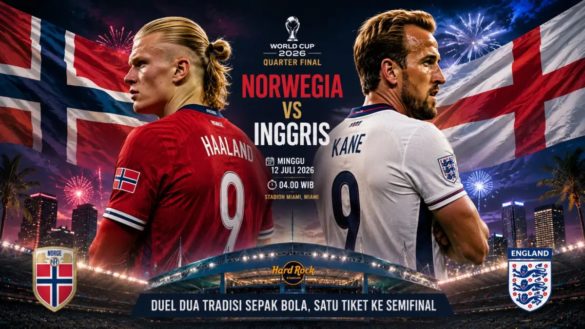 Norwegia menantang Inggris pada perempat final Piala Dunia 2026, menghadirkan duel bersejarah antara pelopor sepak bola modern dan kekuatan baru Eropa, Minggu 04.00 WIB.