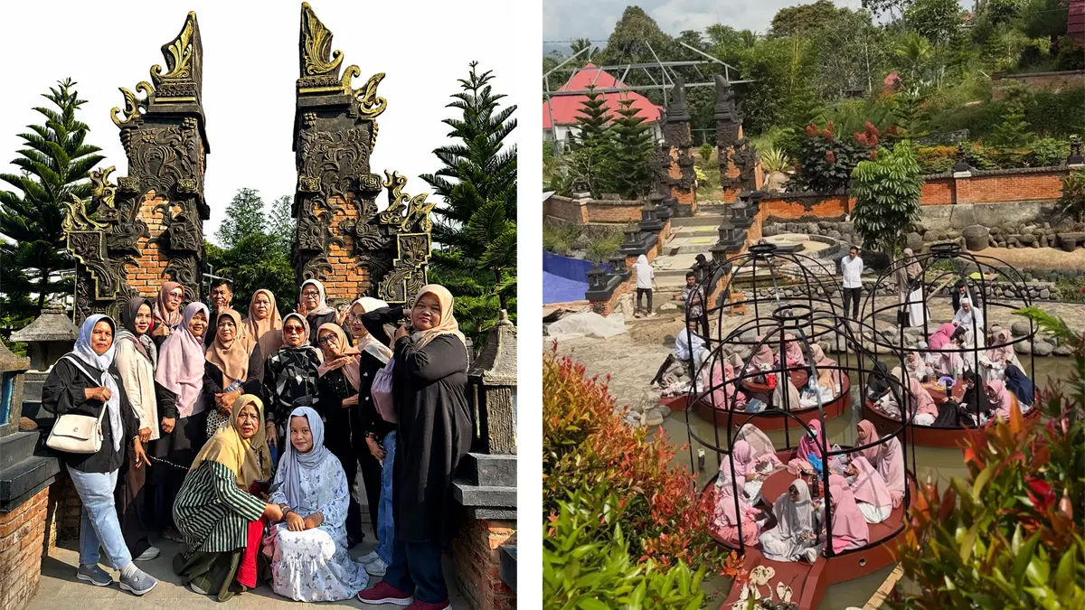 Para pengunjung foto bersama di depan gapura yang bernuansa pulau Bali dan Tempat duduk unik di atas air. Salah satu tempat favorit pengunjung. (DILA KARTIKO SARI/PADEK)