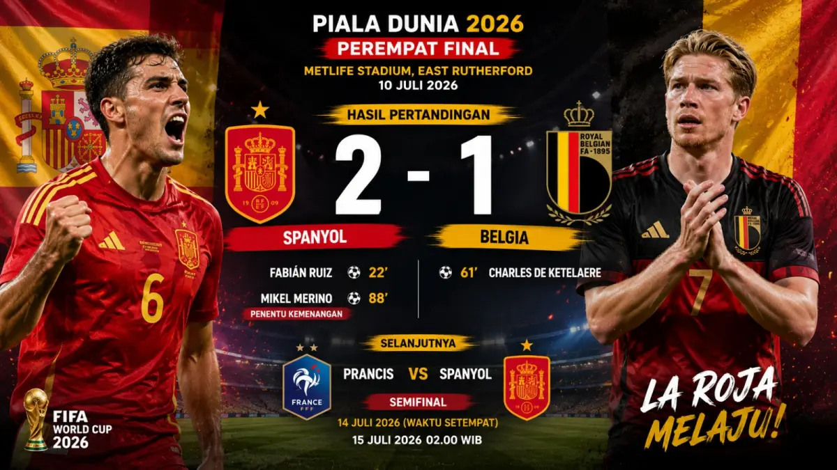 Spanyol mengalahkan Belgia 2-1 pada perempat final Piala Dunia 2026 dan menantang Prancis di semifinal mendatang. (ilustrasi AI)