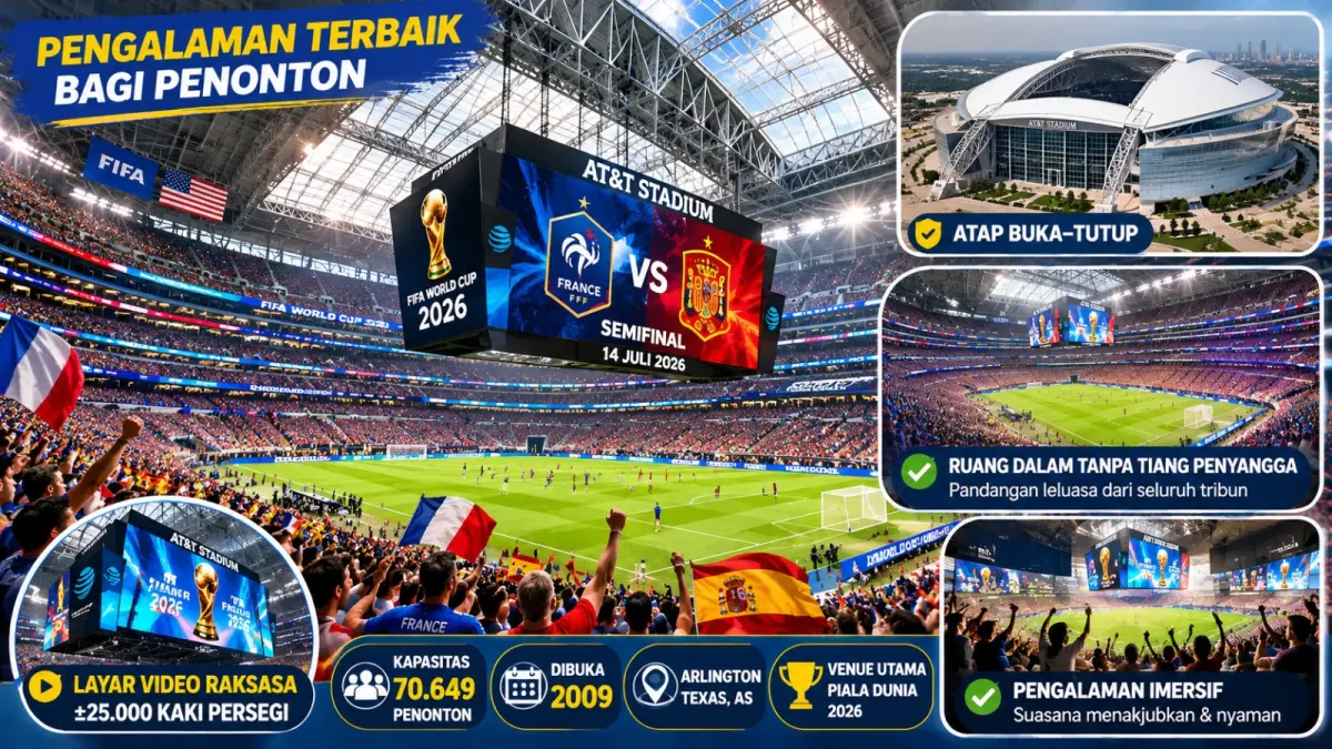 Dallas Stadium di Arlington, Texas, Amerika Serikat, akan menjadi arena semifinal Piala Dunia 2026 antara Prancis dan Spanyol. Saksikan keseruannya Rabu 15 Juli 2026 pukul 02.00 WIB.