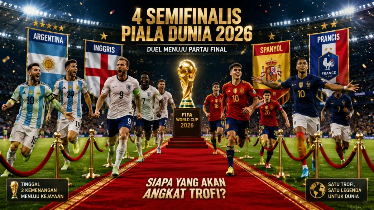 Empat semifinalis Piala Dunia 2026, yakni Argentina, Inggris, Spanyol, dan Prancis, bersiap menjalani duel penentuan menuju partai final. (ilustrasi AI)