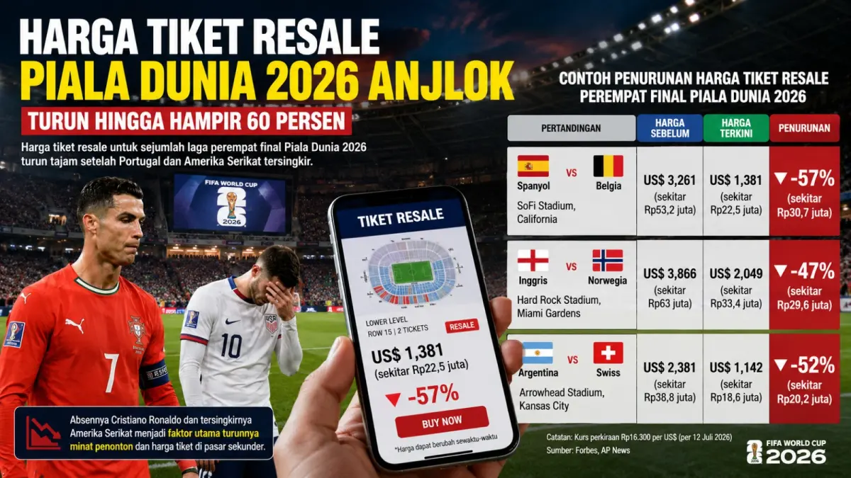 Harga tiket resale laga perempat final Piala Dunia 2026 dilaporkan turun tajam setelah Portugal dan Amerika Serikat tersingkir. (ilustrasi AI)