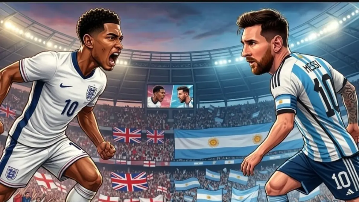 Jude Bellingham bakal duel menghadapi Lionel Messi pada semifinal Piala Dunia 2026 antara Inggris vs Argentina.(Foto ilustrasi AI)