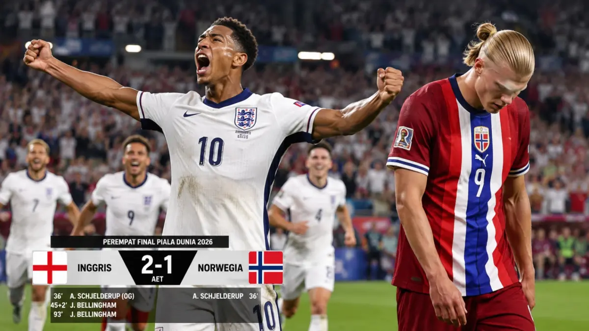 Jude Bellingham merayakan gol kemenangan Inggris ke gawang Norwegia pada babak perpanjangan waktu perempat final Piala Dunia 2026 di Miami. Inggris Singkirkan Norwegia 2-1 Lewat Extra Time, Jude Bellingham Jadi Pahlawan ke Semifinal.