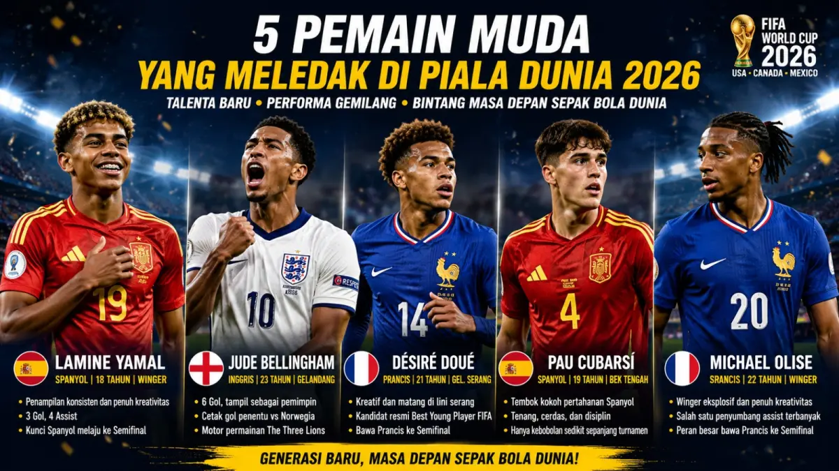 Lamine Yamal, Jude Bellingham, Désiré Doué, Pau Cubarsí, dan Michael Olise menjadi simbol kebangkitan generasi baru sepak bola dunia di Piala Dunia 2026. (ilustrasi AI)