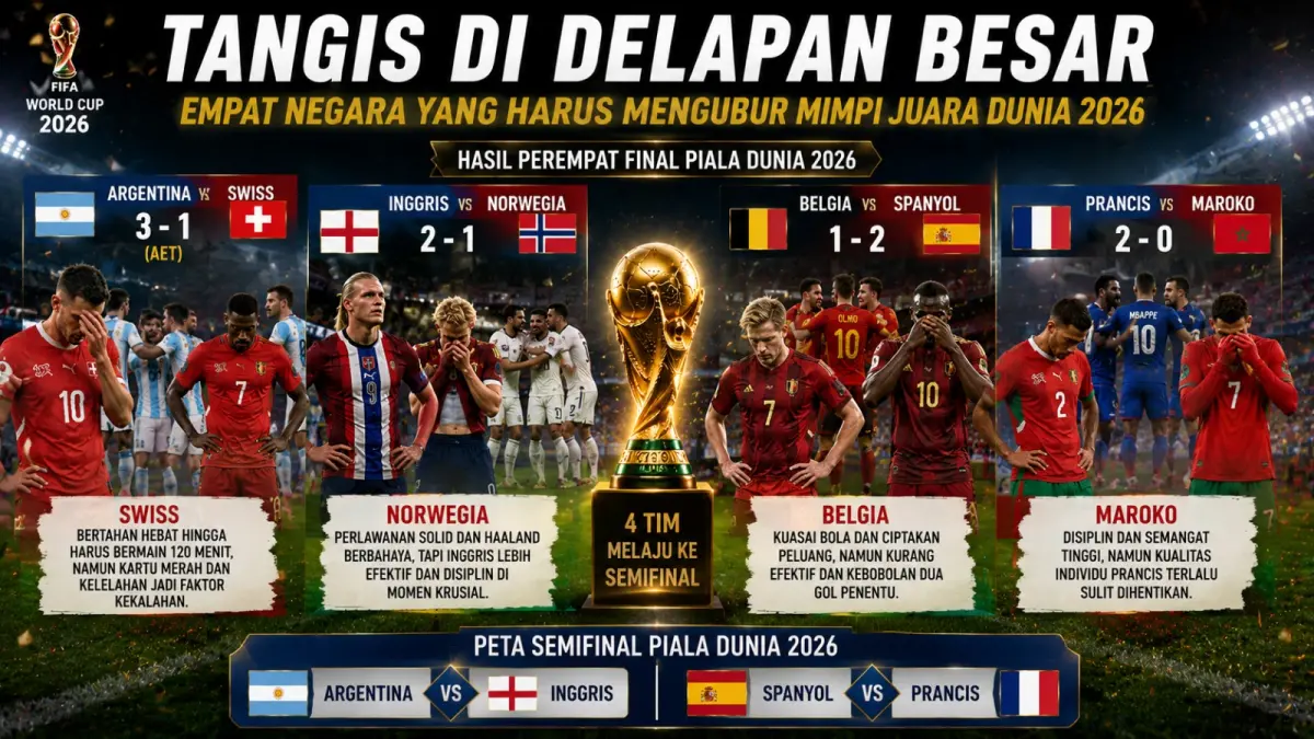 Para pemain Swiss, Norwegia, Belgia, dan Maroko mengakhiri perjuangan di perempat final Piala Dunia 2026 setelah gagal menembus semifinal. (ilustrasi AI)