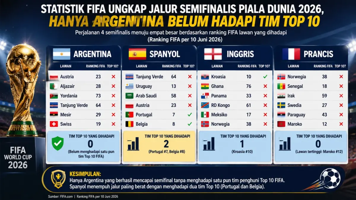 Perbandingan jalur empat semifinalis Piala Dunia 2026 berdasarkan ranking FIFA menunjukkan Argentina belum menghadapi tim penghuni Top 10 dunia. (Ilustrasi AI)