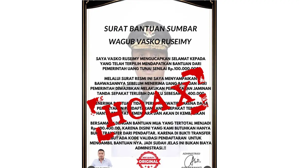 Salah satu selebaran yang mengatasnamakan Wakil Gubernur Sumatera Barat Vasko Ruseimy. Masyarakat diimbau  meningkatkan kewaspadaan terhadap modus penipuan yang mencatut identitas pejabat dan memanfaatkan teknologi AI untuk meniru suara korban sasaran. (DOK BIRO ADPIM)