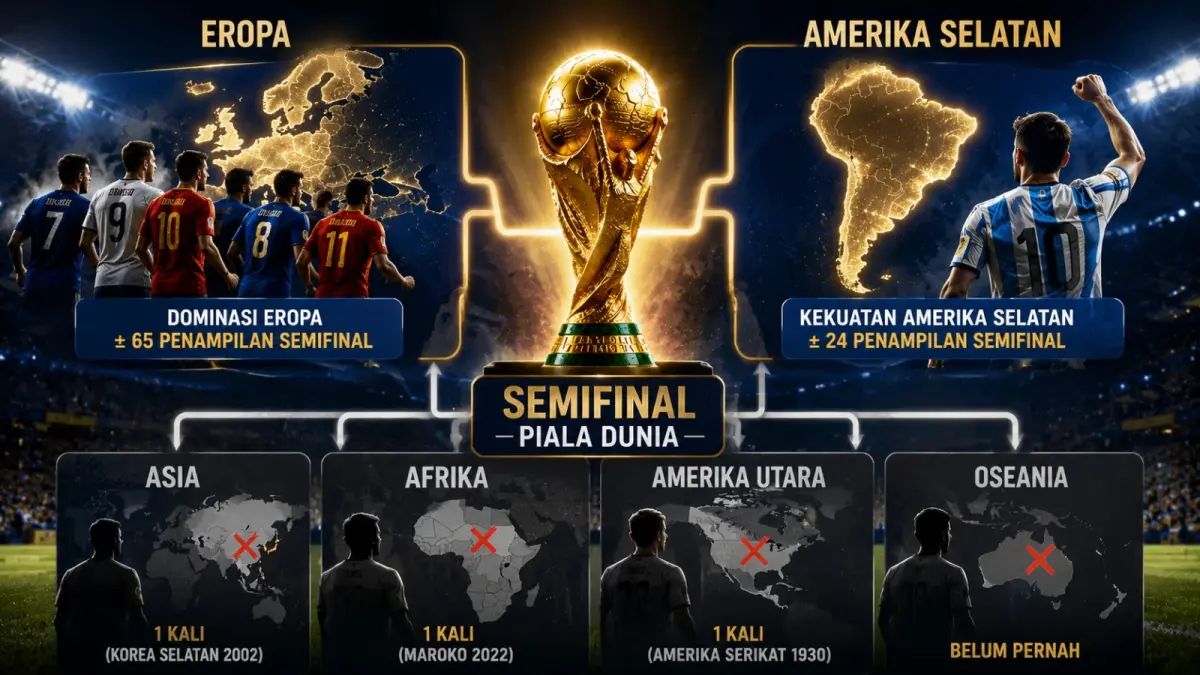 Sejak Piala Dunia pertama pada 1930, semifinal hampir selalu didominasi Eropa (UEFA) dan Amerika Selatan (CONMEBOL). Hanya tiga kali ada tim dari luar dua konfederasi tersebut yang mampu menembus empat besar. (ilustrasi AI)
