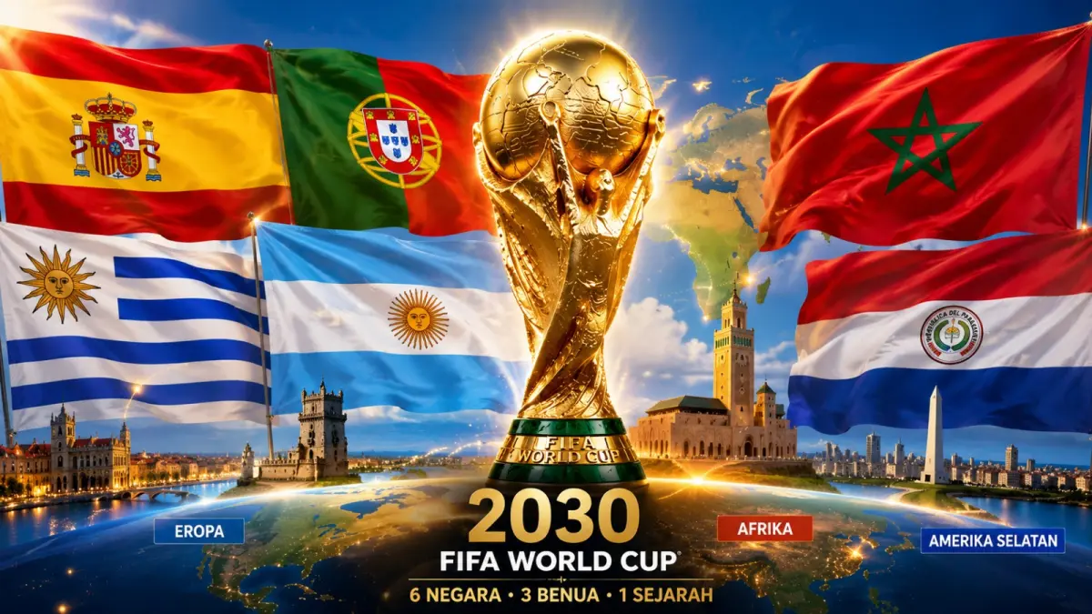 Trofi Piala Dunia dengan latar bendera Spanyol, Portugal, Maroko, Uruguay, Argentina, dan Paraguay yang akan menjadi tuan rumah edisi 2030, turnamen pertama yang digelar di tiga benua.