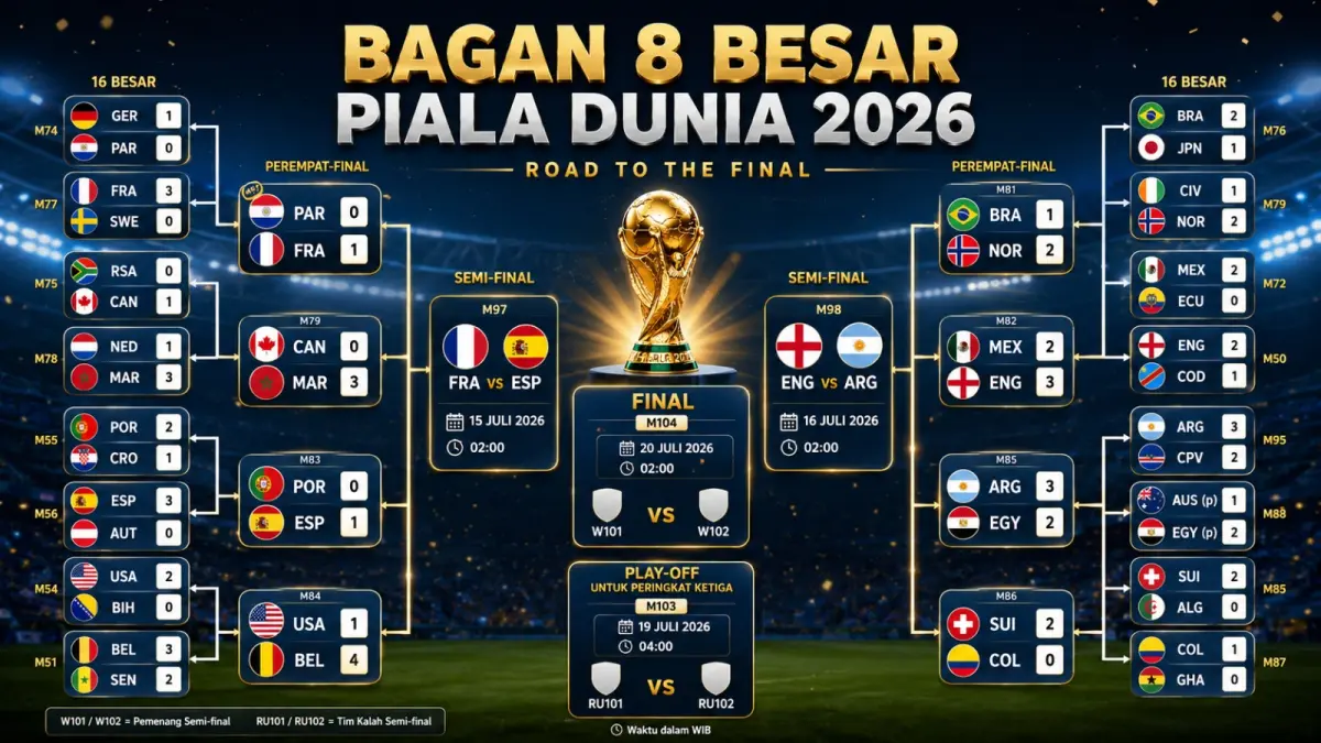 Empat semifinalis Piala Dunia 2026 telah dipastikan. Prancis, Spanyol, Inggris, dan Argentina akan bertarung memperebutkan dua tiket menuju partai final.