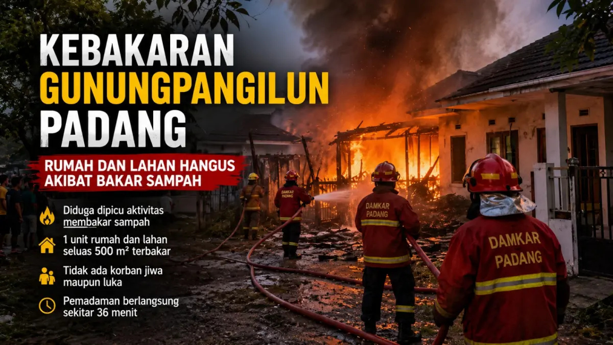 Petugas Dinas Damkar Kota Padang memadamkan api yang membakar bagian belakang rumah dan lahan di Perumahan Cluster Menara Village, Gunungpangilun, Padang, Rabu (15/7/2026). (ilustrasi AI)