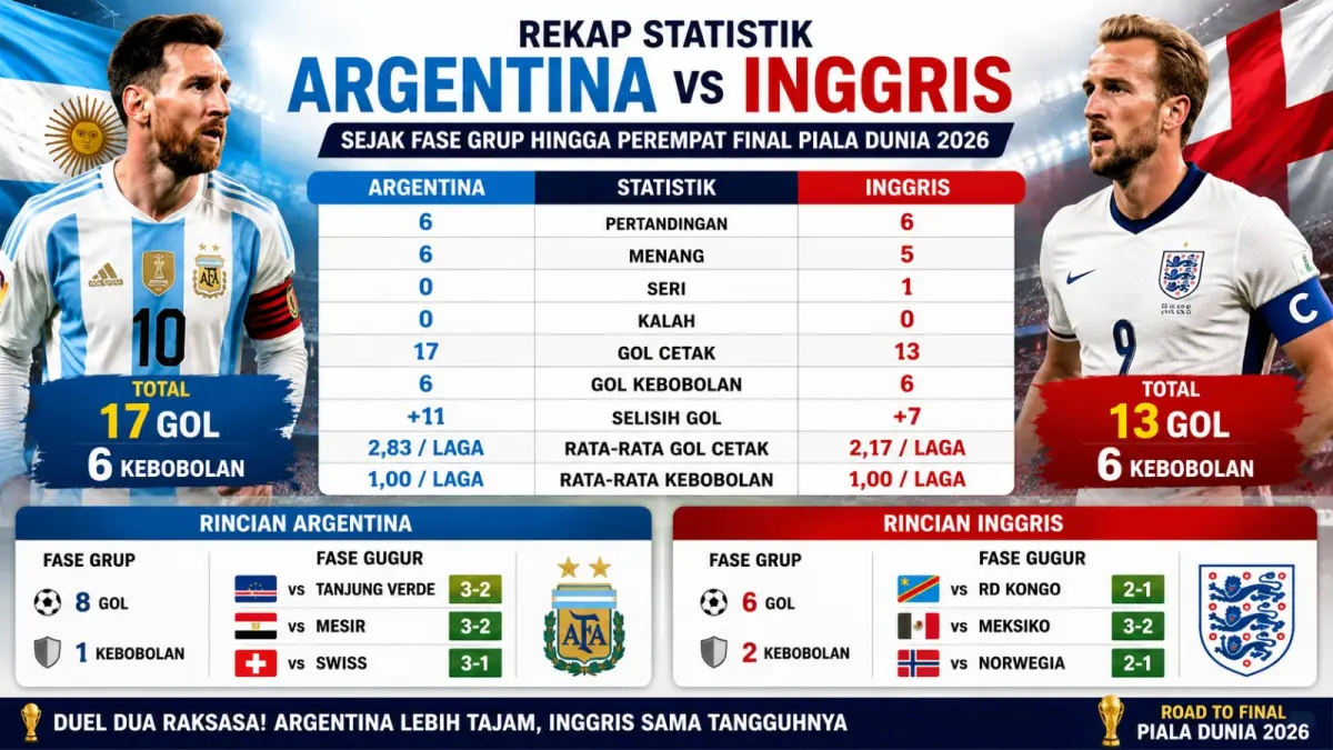 Statistik Argentina dan Inggris jelang semifinal Piala Dunia 2026 mengungkap produktivitas gol, pertahanan, serta peluang kedua tim menuju final bergengsi. (ilustrasi AI)