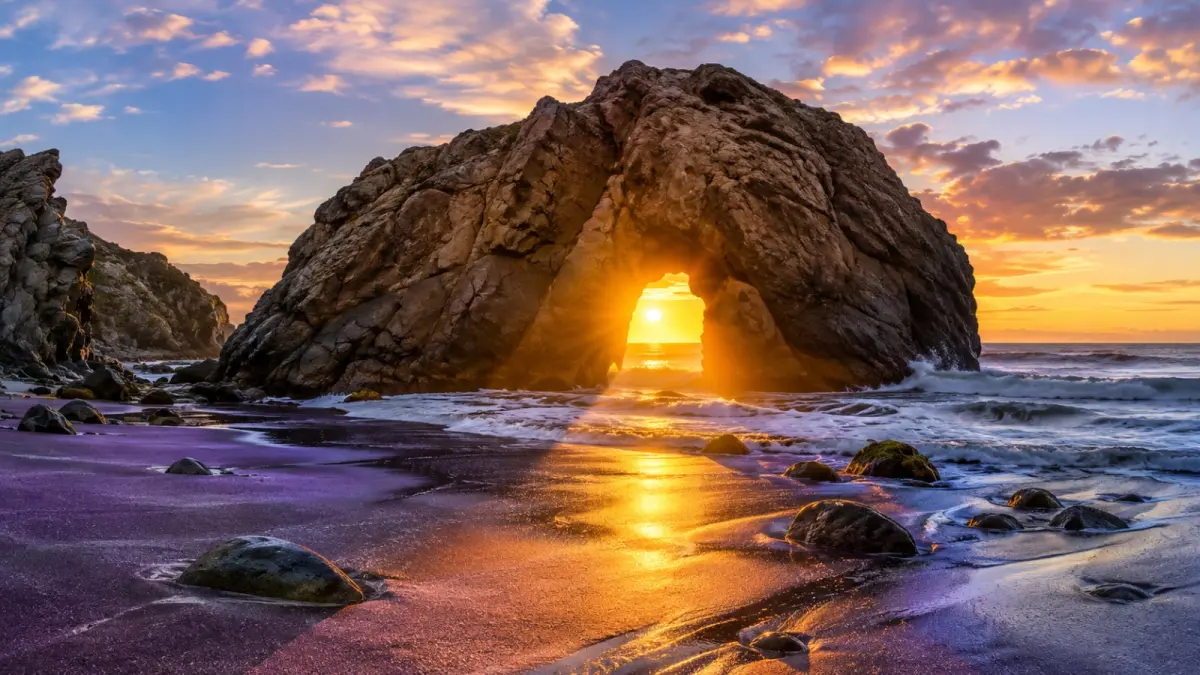 Fenomena cahaya matahari menembus Keyhole Arch di Pfeiffer Beach, Big Sur, California, menjadi momen langka yang diburu fotografer lanskap dari berbagai negara setiap musim dingin. (Ilustrasi AI)