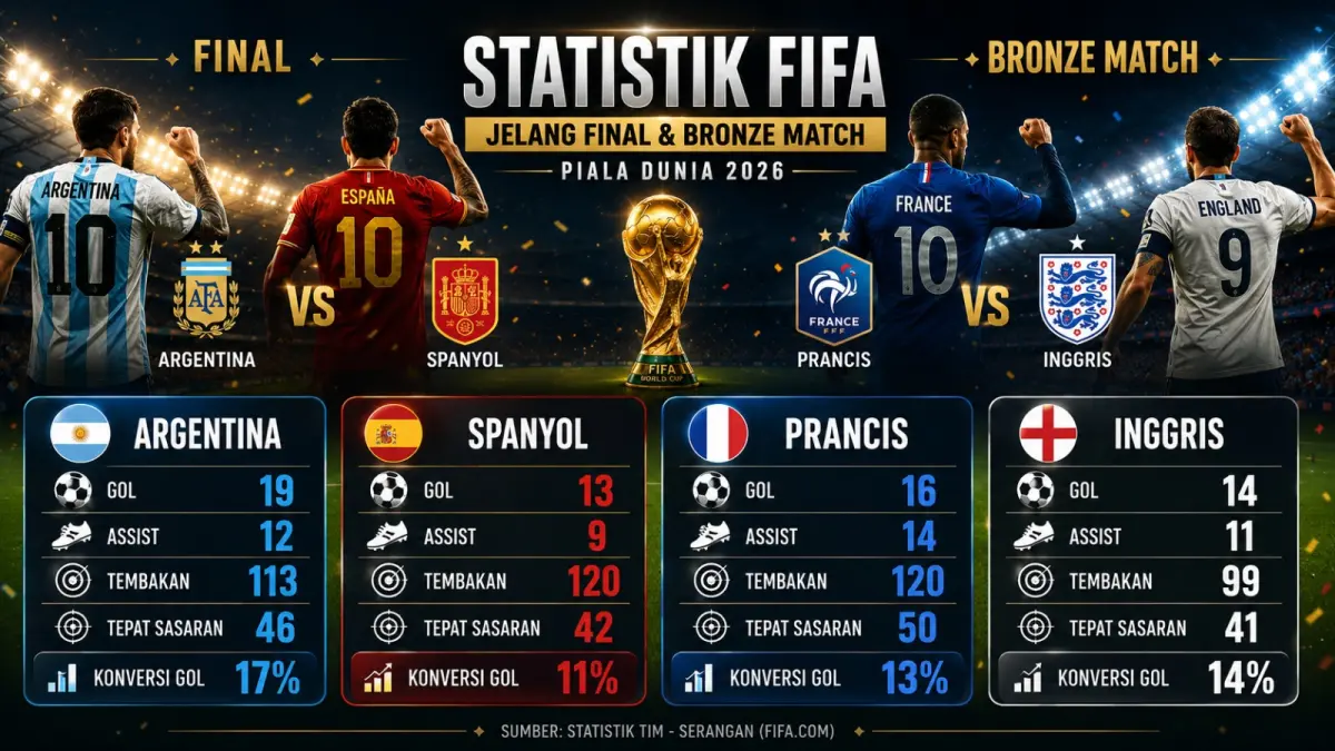 Perbandingan statistik serangan Argentina, Spanyol, Prancis, dan Inggris menjelang laga final serta perebutan tempat ketiga Piala Dunia 2026. (ilustrasi AI)