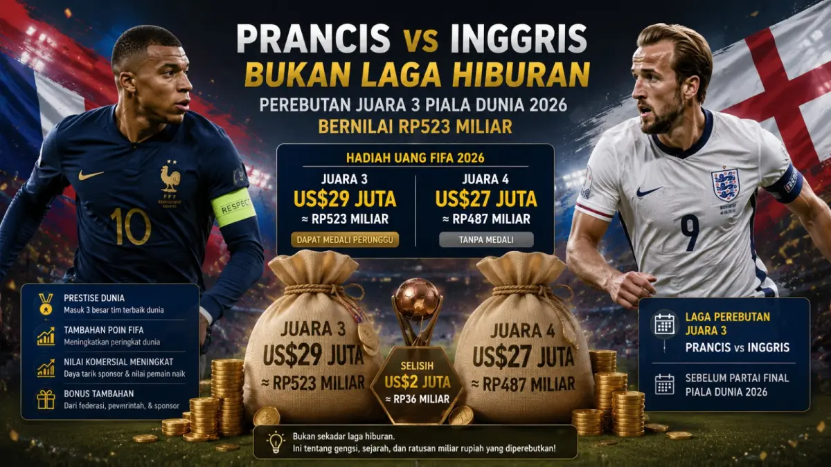 Prancis dan Inggris berebut hadiah Rp523 miliar serta status juara ketiga Piala Dunia 2026. Simak alasan laga ini jauh dari sekadar pertandingan hiburan. (ilustrasi AI)