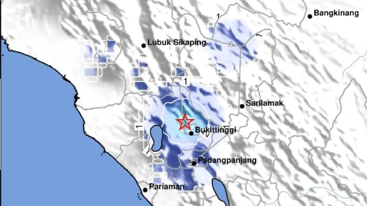 BMKG menampilkan informasi peta guncangan gempa M3,1 yang mengguncang Bukittinggi, Sumatera Barat, akibat aktivitas Sesar Sianok.