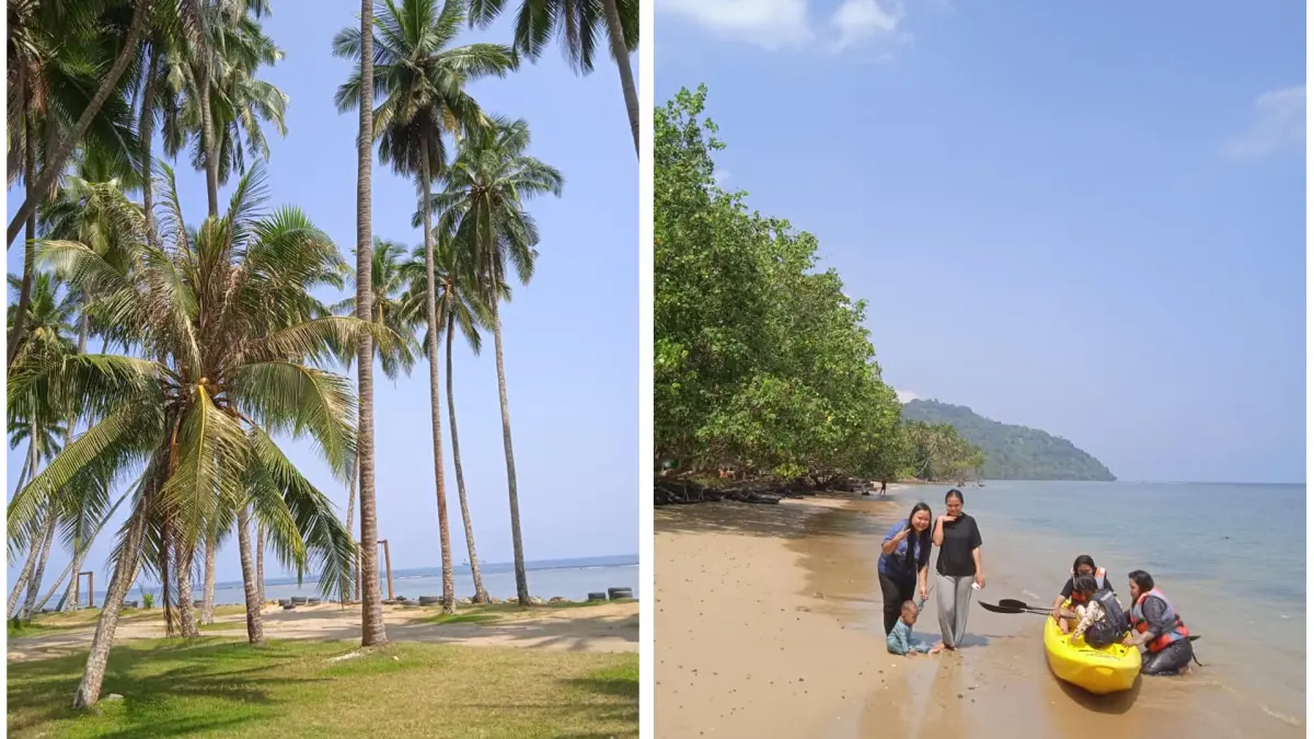 Panorama yang menawan, air laut yang jernih, serta hamparan pasir nan putih menjadi daya tarik khas Pantai Taman Nirwana, sehingga membuat pengunjung betah berlama-lama menikmati suasana. (JUFRI/PADEK)