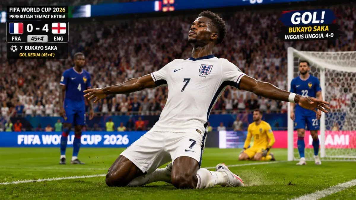 Bukayo Saka merayakan gol keduanya saat membawa Inggris unggul 4-0 atas Prancis pada babak pertama perebutan tempat ketiga Piala Dunia 2026. (ilustrasi AI)
