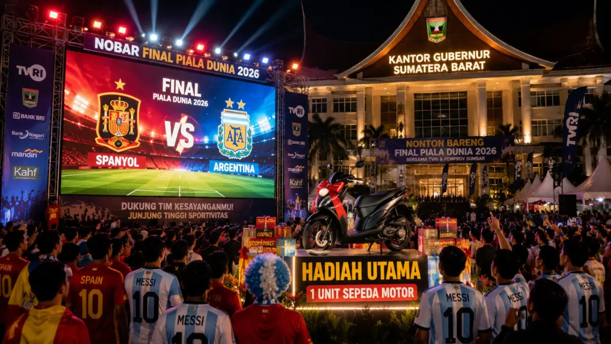 Ilustrasi nonton bareng final Piala Dunia 2026 di Halaman Kantor Gubernur Sumbar, Senin (20/7/2026) dini hari. (Ilustrasi AI)