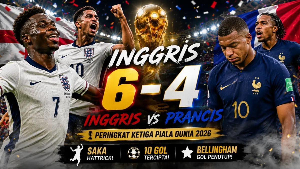 Inggris mengalahkan Prancis 6-4 untuk merebut peringkat ketiga Piala Dunia 2026. Bukayo Saka mencetak hattrick, Jude Bellingham menutup kemenangan dramatis. (ilustrasi AI)