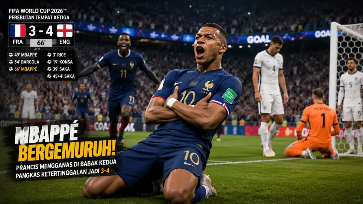 Kylian Mbappe merayakan gol keduanya saat membawa Prancis memangkas ketertinggalan menjadi 3-4 atas Inggris pada babak kedua perebutan tempat ketiga Piala Dunia 2026. (ilustrasi AI)