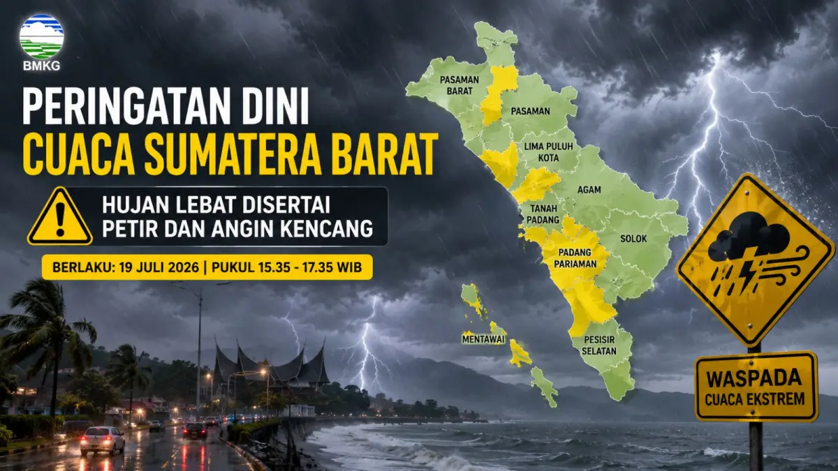 Prakirawan BMKG Minangkabau memperbarui peringatan dini cuaca di Sumatera Barat, Minggu (19/7/2026). Hujan sedang hingga lebat disertai petir dan angin kencang berpotensi meluas ke sejumlah wilayah. (Ilustrasi AI)