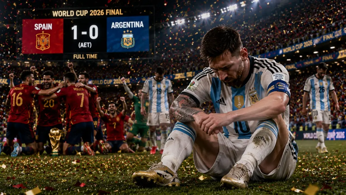 Lionel Messi gagal membawa Argentina mempertahankan gelar Piala Dunia 2026 setelah takluk 0-1 dari Spanyol. La Pulga bermain penuh selama 120 menit. (ILUSTRASI AI)