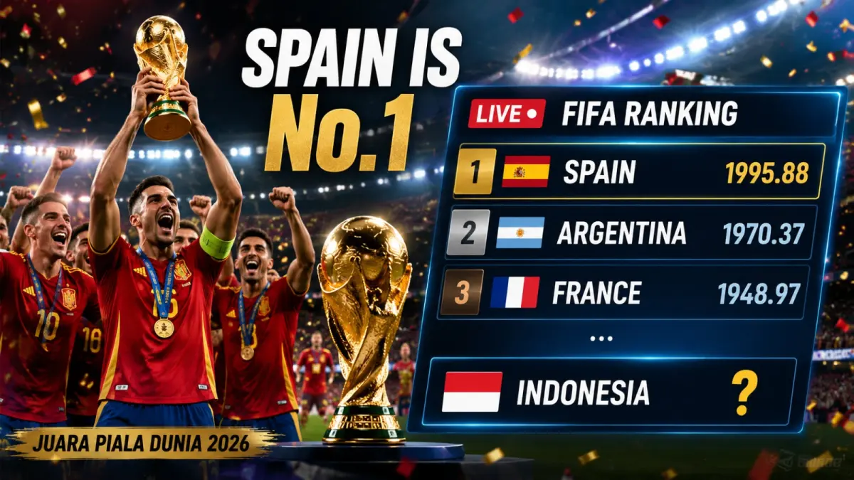 Live Ranking FIFA terbaru menempatkan Spanyol di peringkat pertama dunia usai menjuarai Piala Dunia 2026. La Roja menggeser Argentina setelah menang 1-0 di final. (ilustrasi AI)