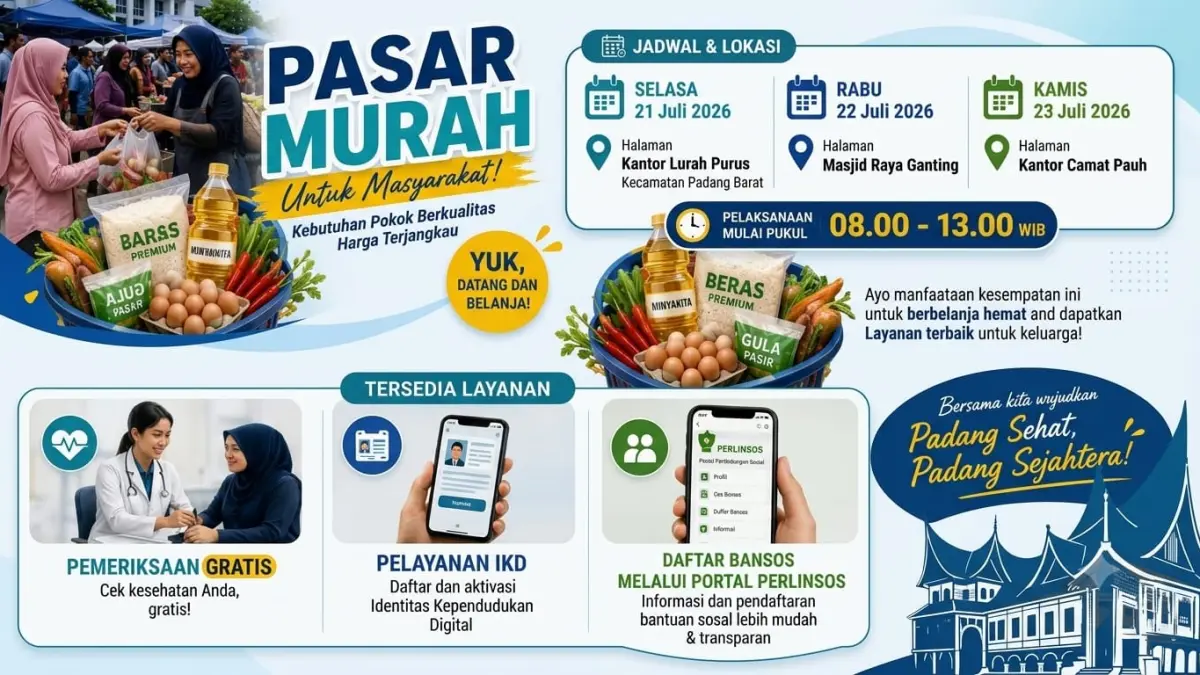 Pasar murah digelar pada 21–23 Juli 2026 di tiga lokasi dengan menyediakan kebutuhan pokok terjangkau serta layanan kesehatan, IKD, dan bantuan sosial. (ilustrasi AI)