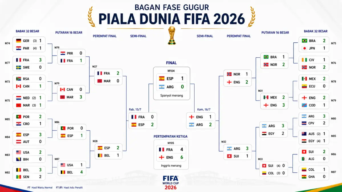 Spanyol menjuarai Piala Dunia 2026 setelah melewati jalur terberat di fase gugur. La Roja menyingkirkan Austria, Portugal, Belgia, Prancis, hingga Argentina. (ilustrasi AI)