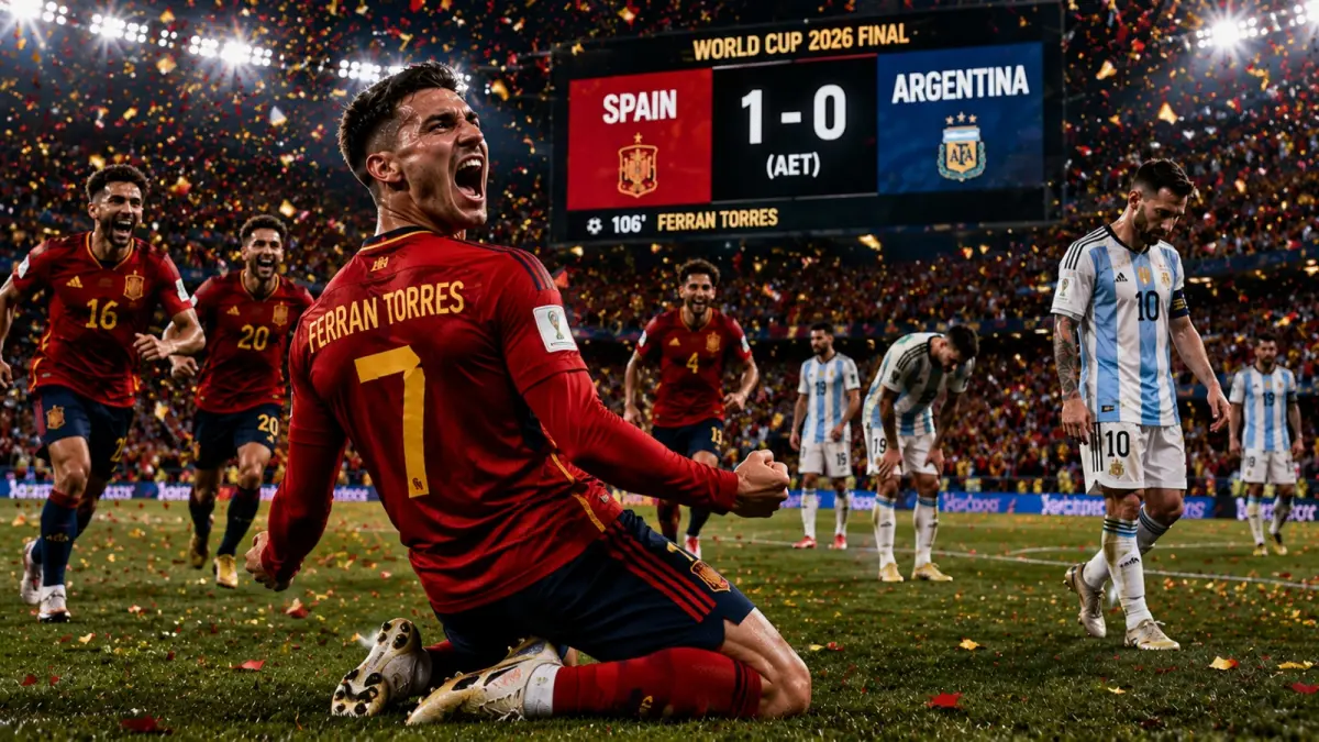 Spanyol menjuarai Piala Dunia 2026 usai mengalahkan Argentina 1-0 lewat gol Ferran Torres pada menit ke-106 setelah laga berlangsung hingga babak perpanjangan waktu. (ilustrasi AI)