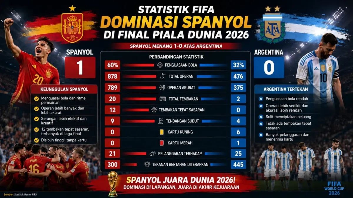 Statistik resmi FIFA memperlihatkan dominasi Spanyol atas Argentina pada final Piala Dunia 2026 melalui penguasaan bola, operan, dan jumlah peluang yang jauh lebih unggul. (ilustrasi AI)