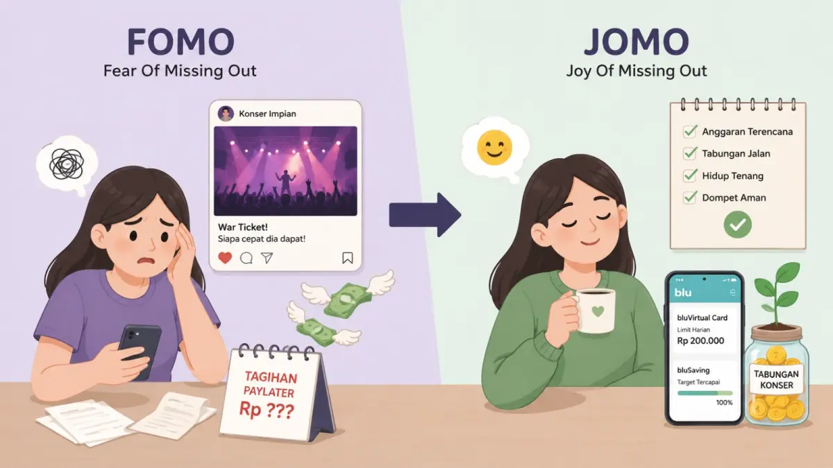 Ilustrasi generasi muda mengelola anggaran hiburan secara bijak di tengah tren war tiket konser dengan mengutamakan perencanaan keuangan. (ilustrasi AI)