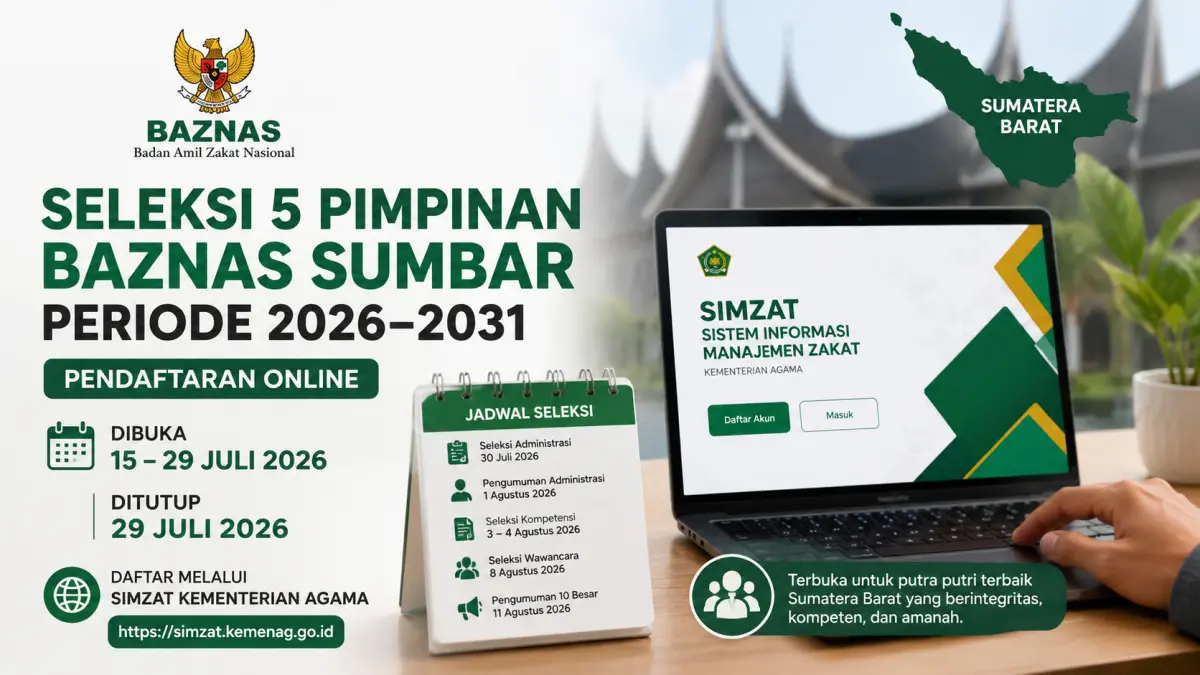 Pemprov Sumbar membuka seleksi lima pimpinan Baznas periode 2026–2031. Pendaftaran online melalui SIMZAT dibuka hingga 29 Juli 2026. (ilustrasi AI)