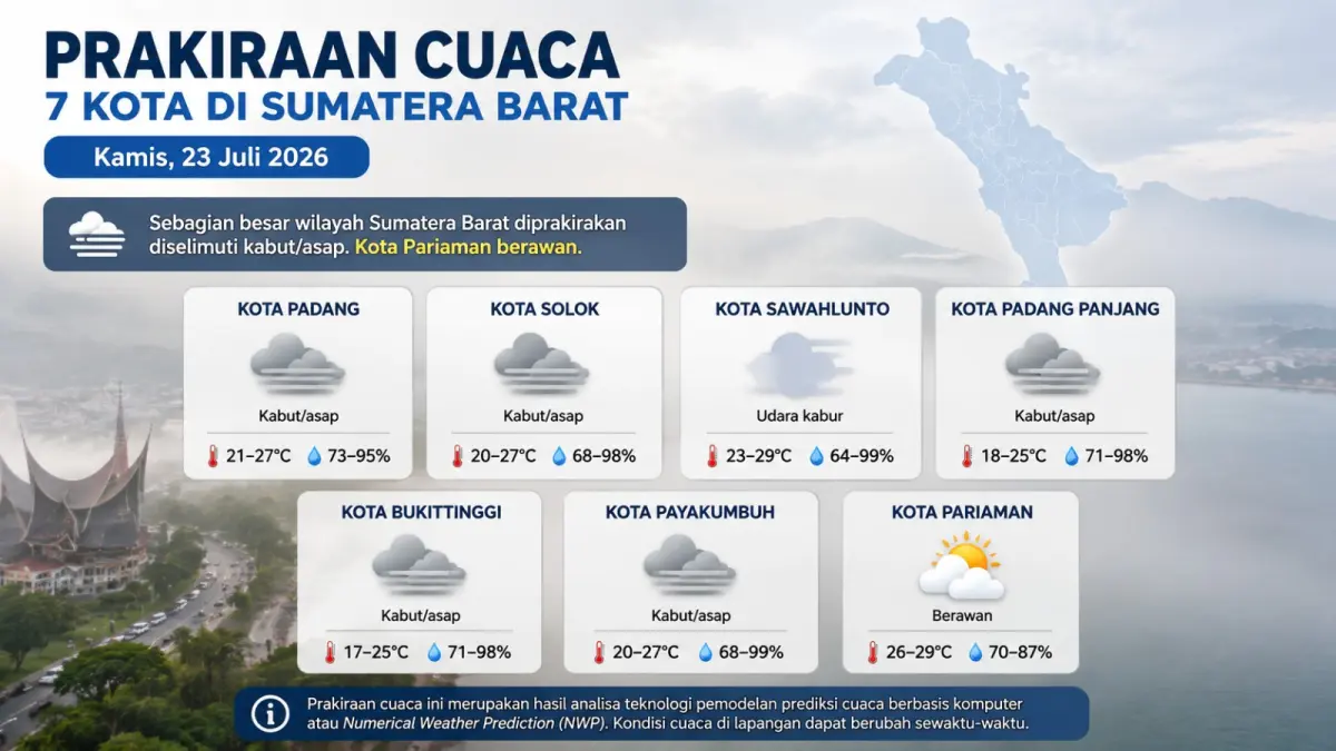Prakiraan cuaca di tujuh kota Sumatera Barat pada Kamis (23/7/2026) didominasi kabut asap dan udara kabur, sementara Kota Pariaman diprediksi berawan.