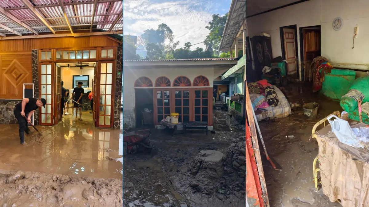 Sungai Batang Sianok meluap secara tiba-tiba pada Jumat dini hari (24/7/2026). Luapan air mengakibatkan delapan rumah, satu musala, serta tiga unit usaha UMKM warga terdampak material banjir. (BPBD Kota Bukittinggi)