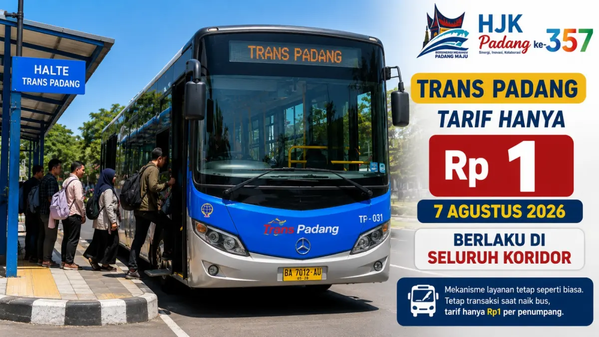 Perumda PSM memberlakukan tarif Rp1 di seluruh koridor bus Trans Padang pada 7 Agustus 2026 untuk memeriahkan Hari Jadi Kota Padang ke-357. (ilustrasi AI)