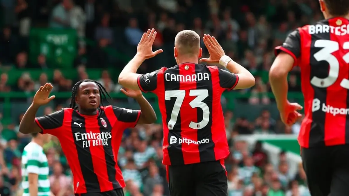 Francesco Camarda merayakan gol saat AC Milan bermain imbang 2-2 melawan Celtic pada laga uji coba pramusim perdana di bawah pelatih Ruben Amorim.(Foto: Instagram @acmilan)